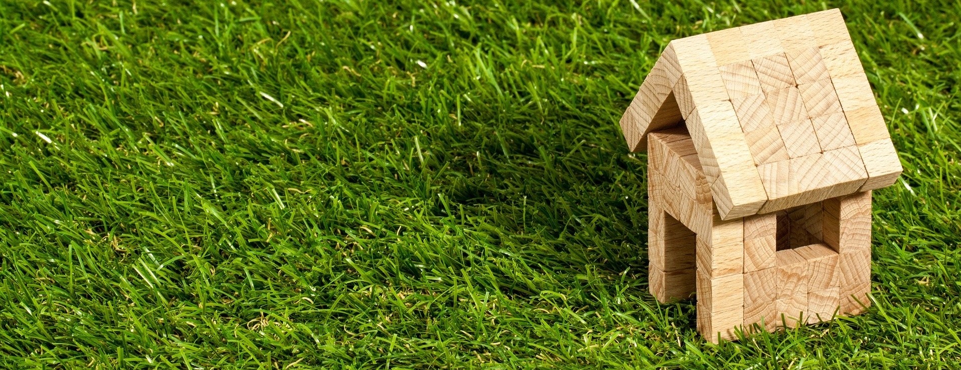 Kleines Holzhaus auf grüner Wiese.