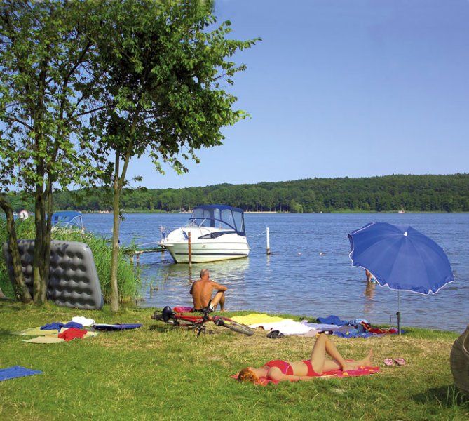 Personen die auf dem Rasen am See liegen und sich sonnen