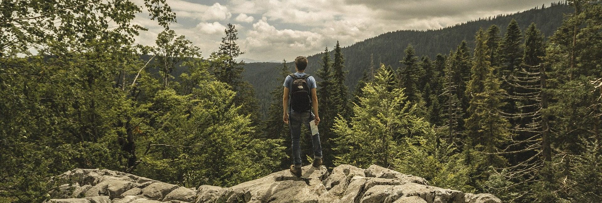 Ein Wanderer, mit einer Landkarte in der Hand, steht auf einem Fels und blickt in die Ferne.
