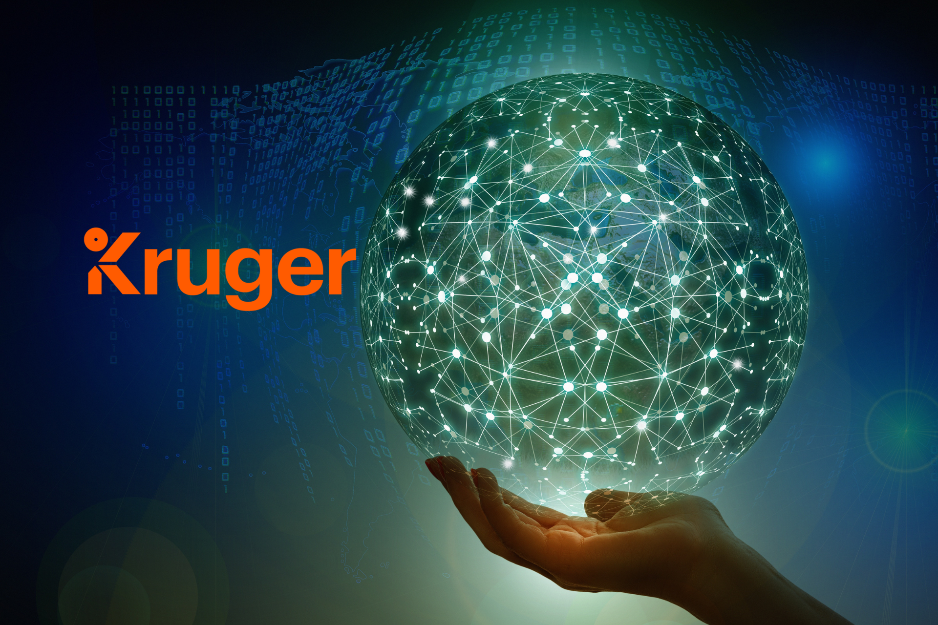A hand holding a digitized globe with the orange Kruger logo.