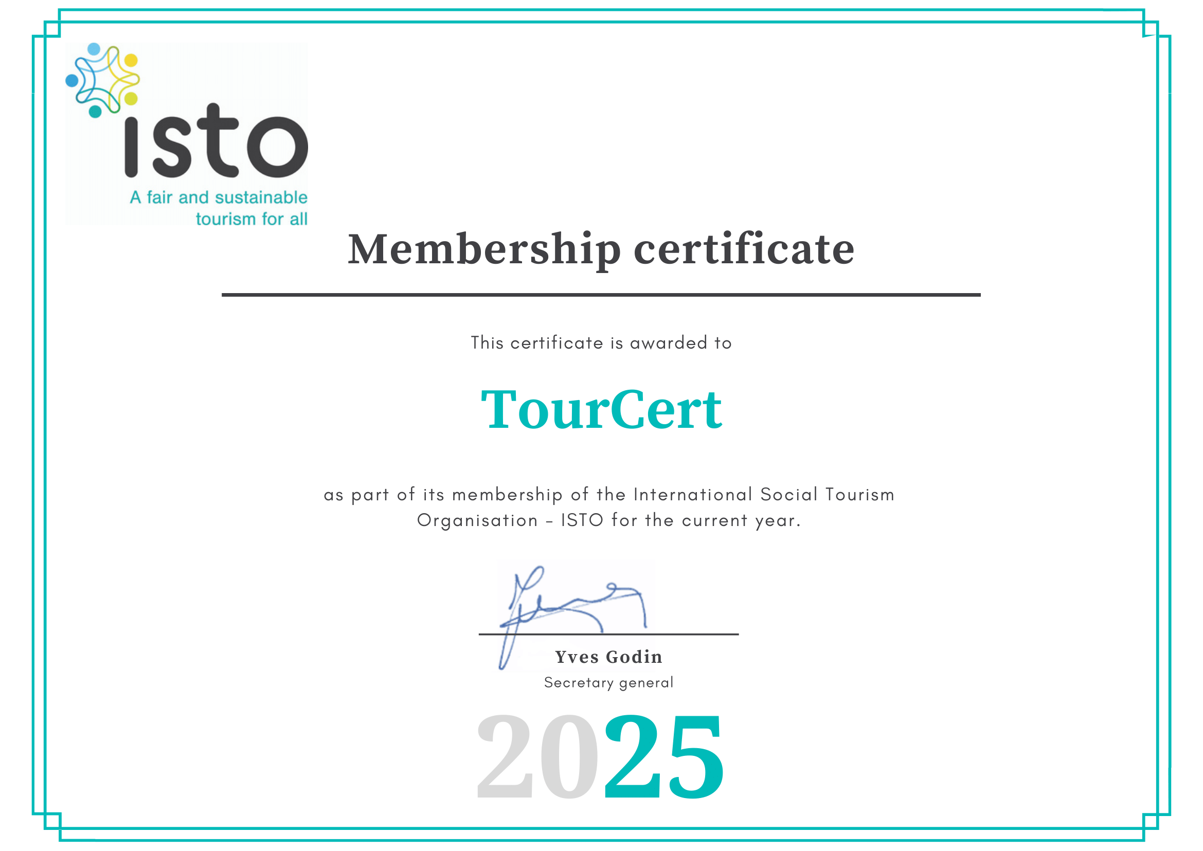ISTO Mitgliederzertifikat für TourCert gültig für das Jahr 2025